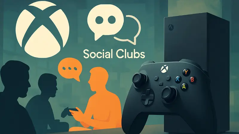 Логотип Xbox и Social Clubs, игроки Xbox в чате, контроллер Xbox Series X.