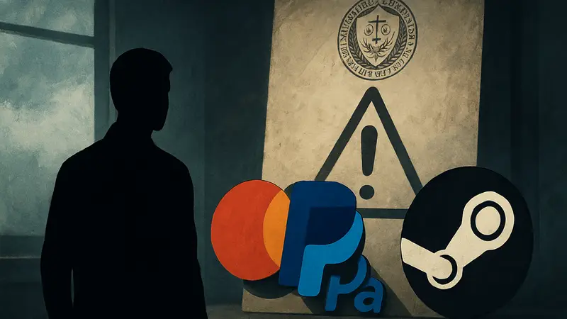 Логотипы Mastercard, PayPal и Steam на фоне предупреждения FTC о NSFW-играх.