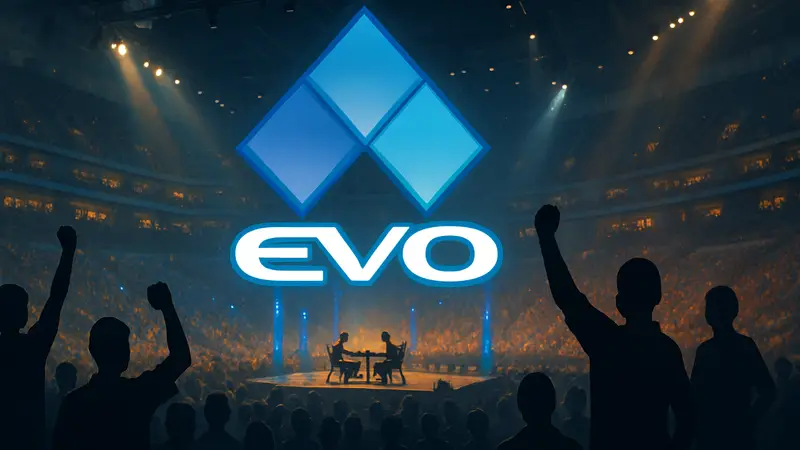 Логотип Evo на фоне арены киберспортивного турнира по файтингам