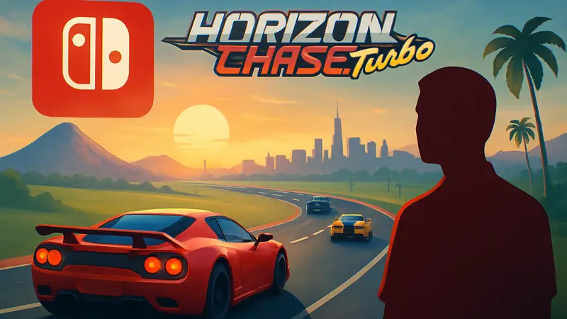 Обложка игры Horizon Chase Turbo с гоночными автомобилями и логотипом Nintendo Switch