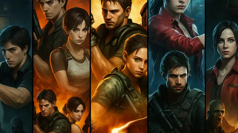 Коллаж из обложек игр серии Resident Evil, расположенных в хронологическом порядке для прохождения.
