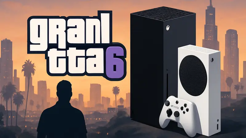 Логотип GTA 6 на фоне города, консоли Xbox Series X и S