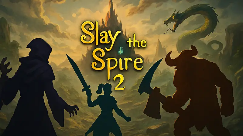 Логотип игры Slay the Spire 2 на изображении с главными персонажами и элементами игрового процесса.