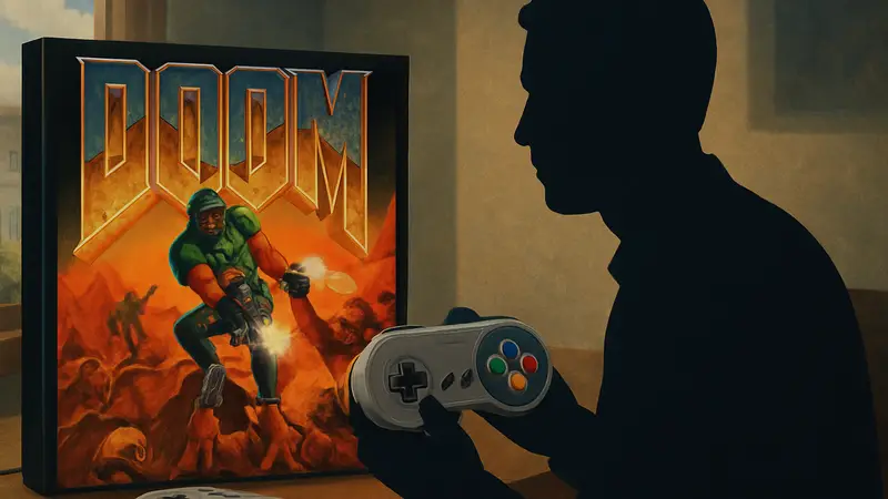 Обложка игры Doom для Super Nintendo с контроллером.