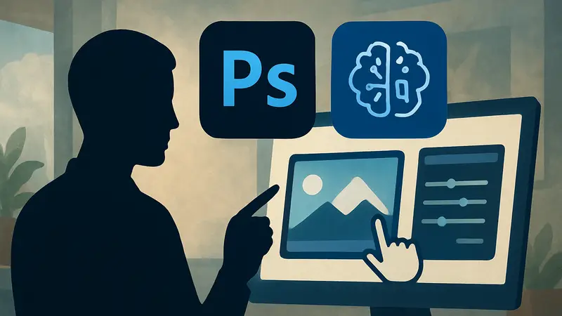 Логотип Adobe Photoshop с иконкой искусственного интеллекта и изображением редактирования