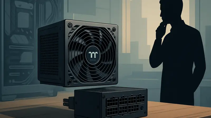 Разделённый на две части блок питания Thermaltake, демонстрирующий его модульную конструкцию.