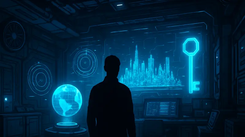 Изображение интерьера футуристического убежища из игры Pragmata с голографическими элементами.