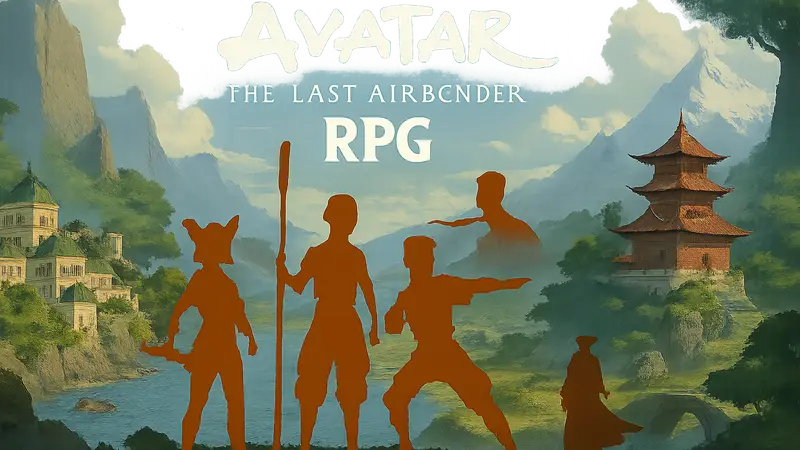 Логотип игры Avatar: The Last Airbender RPG на фоне мира Аватара с персонажами.