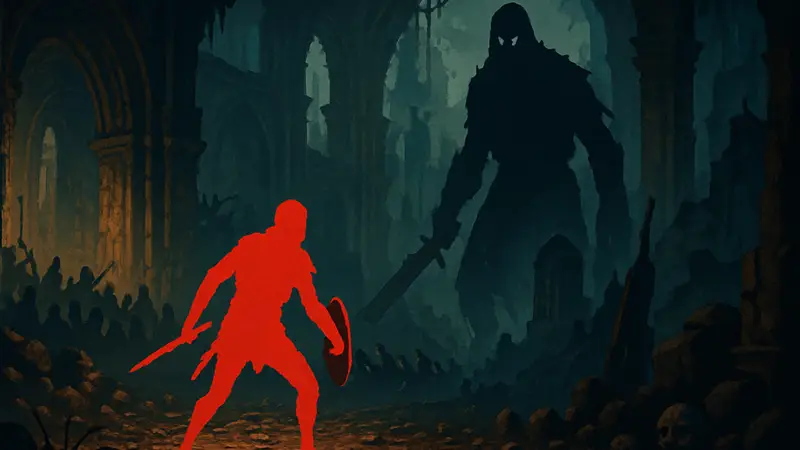 Игровой скриншот Return to Pixhell, демонстрирующий смесь стилей Dark Souls и Vampire Survivors.