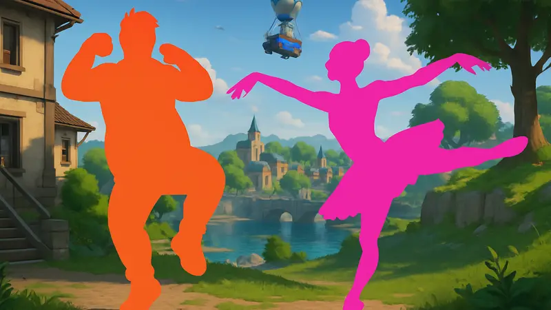 Изображение персонажей Tung Tung Tung Sahur и Ballerina Cappucina в стилистике Fortnite, возможно, с танцевальными движениями