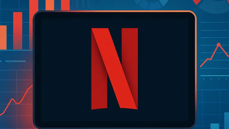 Логотип Netflix на экране, окруженный графиками и диаграммами, символизирующими данные просмотров.