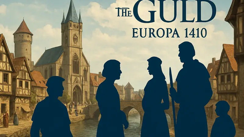 Обложка стратегии The Guild: Europa 1410, показывающая средневековый город и персонажей.