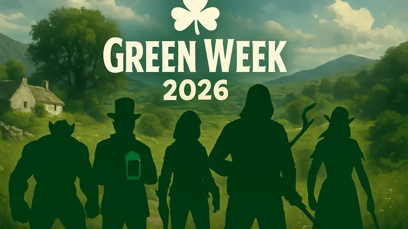 Логотип Green Week 2026 и игровые персонажи в зелёных цветах, символизирующие День Святого Патрика.