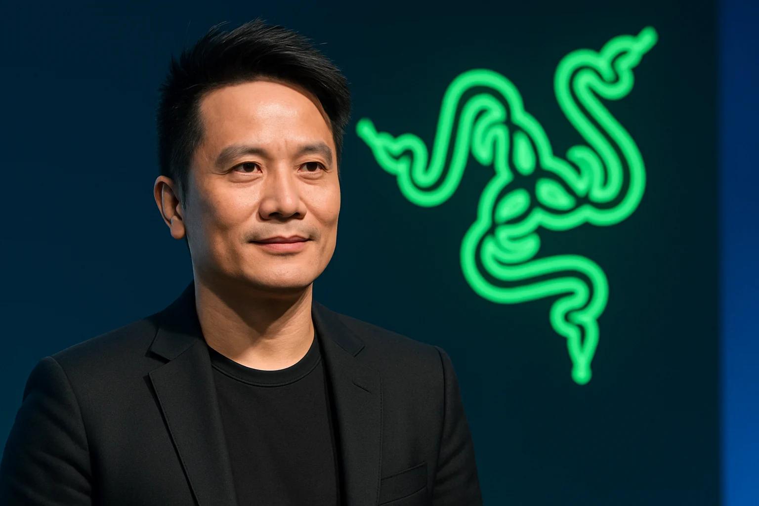 Мин-Лян Тан, глава Razer, на конференции или с логотипом Razer