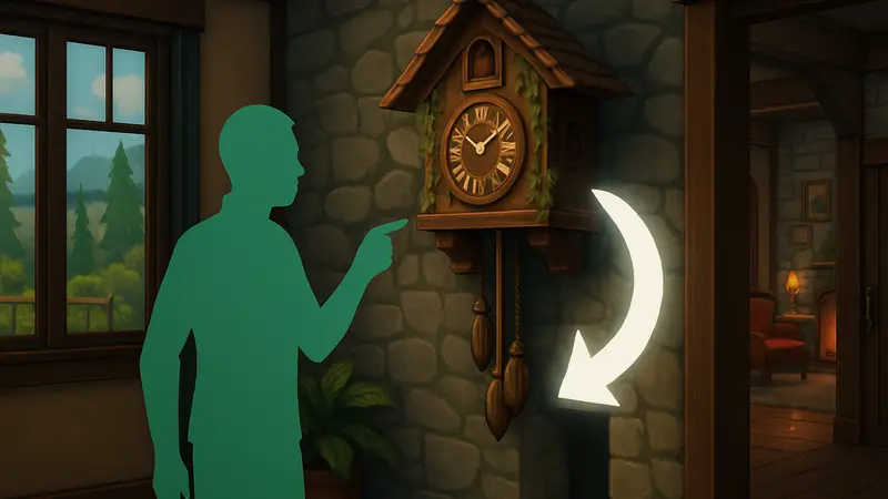 Скриншот из The Sims 4 с часами с кукушкой и указанием на секретный проход.