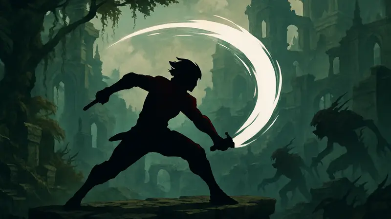 Персонаж из игры Demon Tides, выполняющий комбо-движение на фоне детализированного уровня.