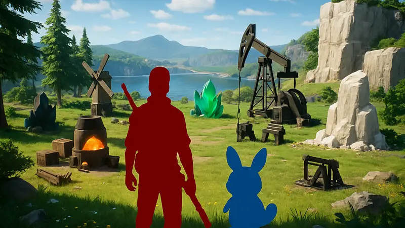 Игровой скриншот из Palworld, показывающий одну из рекомендованных локаций для строительства базы с ценными ресурсами.