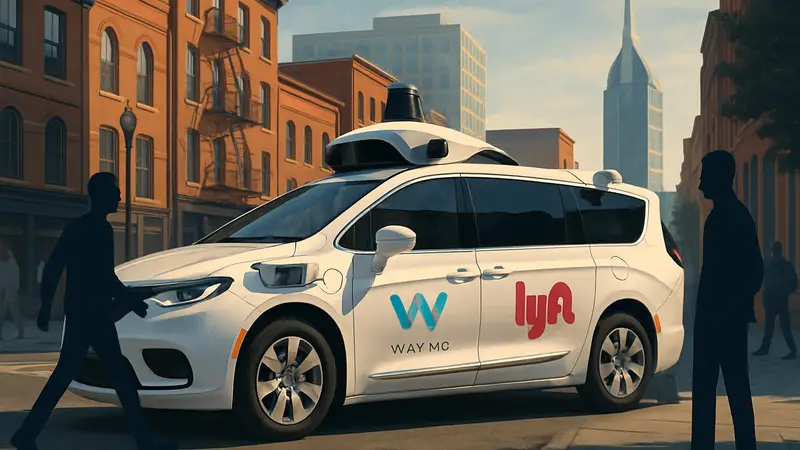 Автономное такси Waymo, припаркованное на улице Нэшвилла, с логотипами Waymo и Lyft.