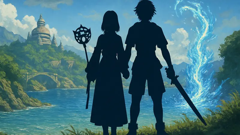 Главные герои Final Fantasy X, Юна и Тидус, на фоне пейзажей Спиры и магических эффектов.