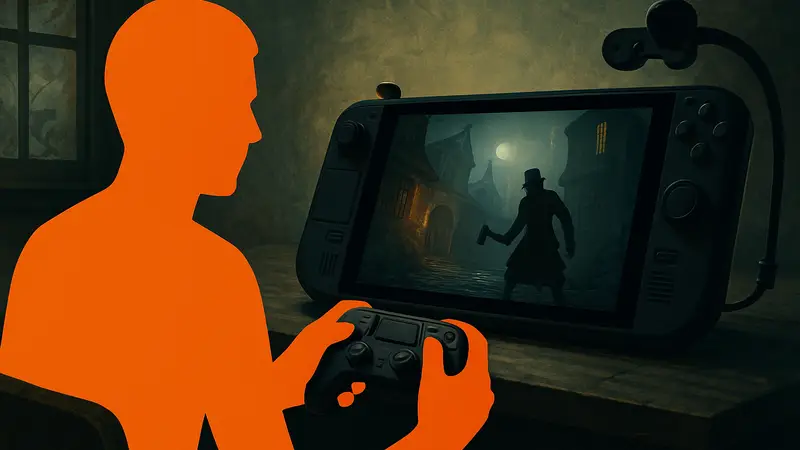 Gloomwood на Steam Deck с подключенным контроллером, игрок наслаждается хоррором