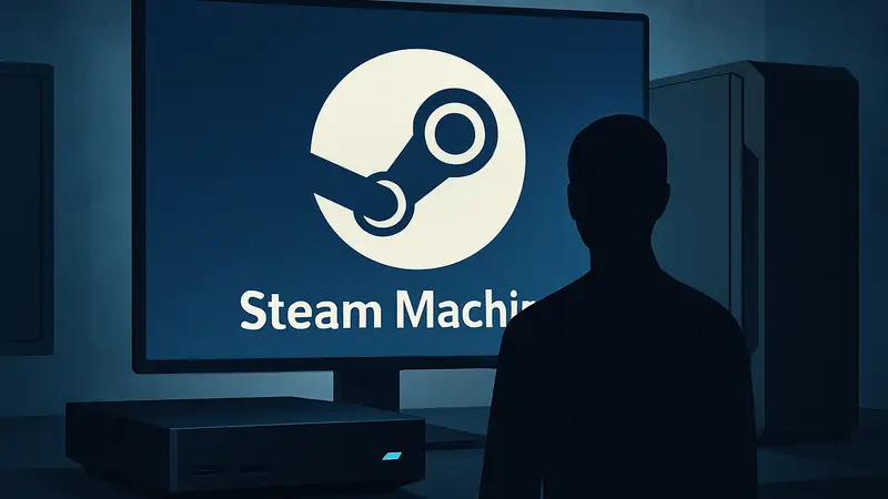 Логотип Steam Machine на фоне игровой консоли или компьютера.