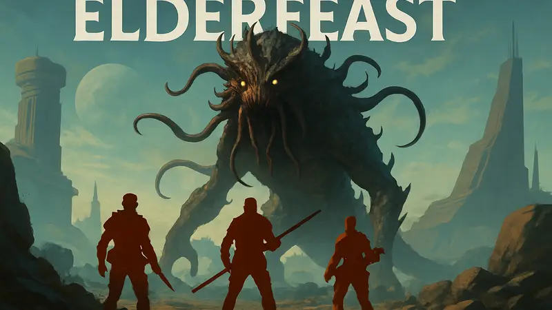 Обложка игры Elderfeast с изображением лавкрафтовского монстра и футуристических охотников на фоне научно-фантастического пейзажа