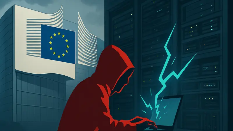 Логотип Европейской комиссии и схематичное изображение кибератаки на серверы.