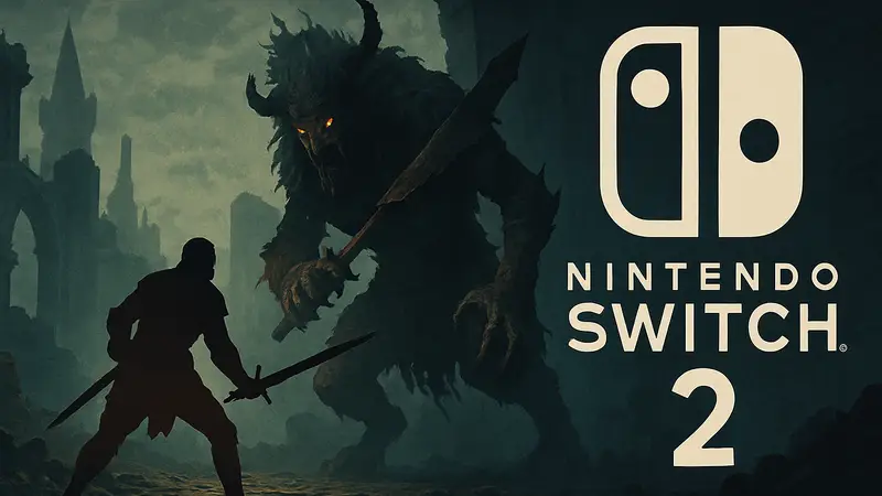 Игрок сражается с боссом в Soulslike игре, на фоне логотипа Nintendo Switch 2