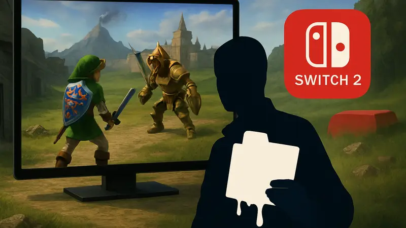 Скриншот Zelda Ocarina of Time с намёком на ремейк, логотип Nintendo Switch 2, иллюстрация утечки информации.
