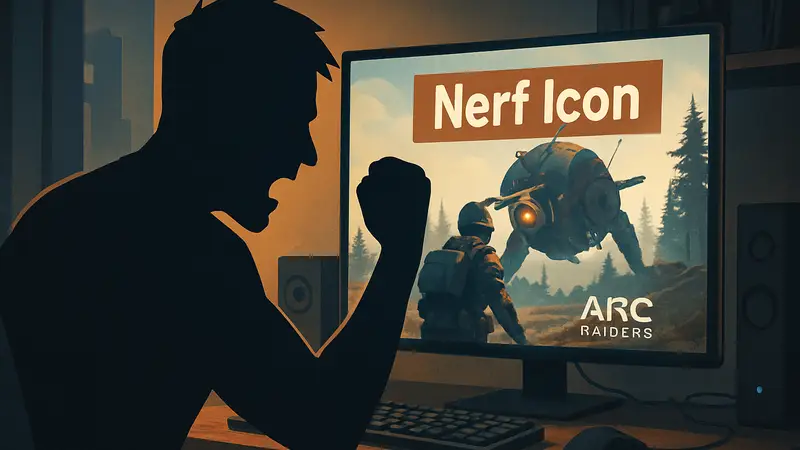 Разъяренный игрок ARC Raiders смотрит на экран с объявлением о нерфе предметов.