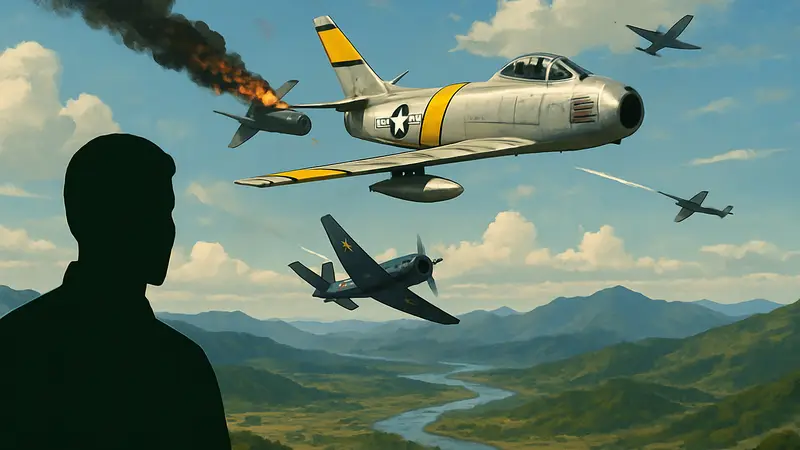 Изображение воздушного боя над Кореей из игры Korea: Il-2 Series, самолёты времён Корейской войны.