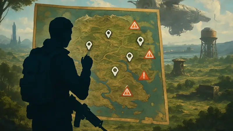 Карта мира игры Arc Raiders с отмеченными местами для лута и маркерами опасностей.