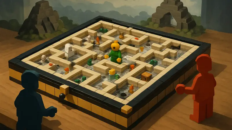 Изображение самодельной настольной игры Labyrinth из LEGO с минифигурками, демонстрирующее игровое поле.