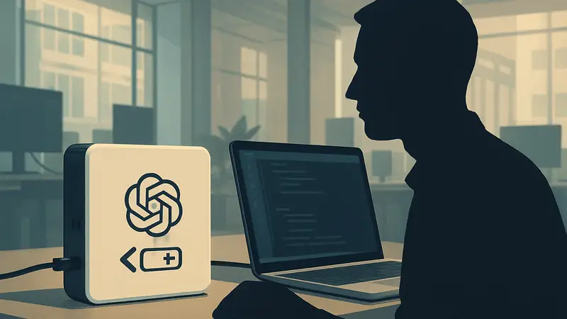 Концептуальное изображение квадратного аппаратного устройства OpenAI, подключенного к компьютеру, с логотипом Codex.