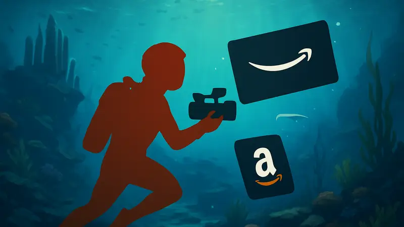 Игрок в Subnautica 2 снимает видеоклип под водой, рядом подарочная карта Amazon.