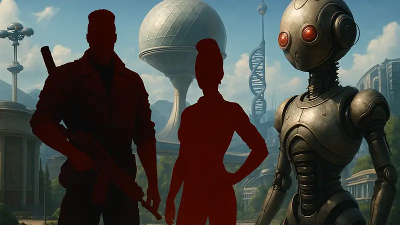 Персонажи из Atomic Heart на фоне футуристических локаций с элементами DLSS и ИИ.