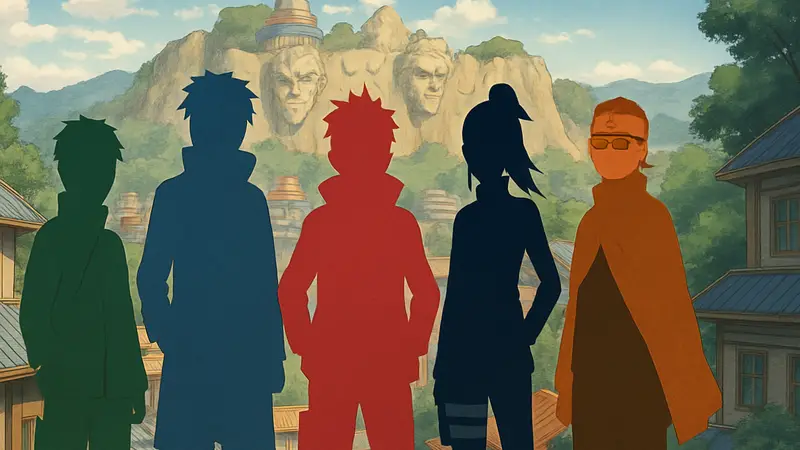 Пять ниндзя из аниме "Boruto: Two Blue Vortex", стоящие вместе, символизирующие смену поколений.