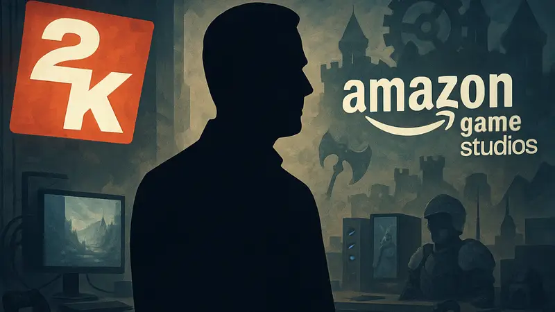 Кристоф Хартманн, на фоне логотипов 2K и Amazon Game Studios, игровая индустрия.
