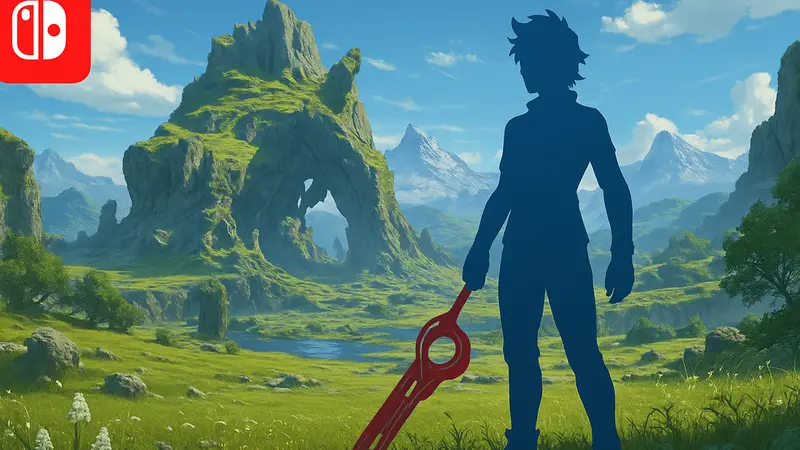 Арт из игры Xenoblade Chronicles с логотипом Nintendo Switch и силуэтом персонажа, намекающий на новую часть.