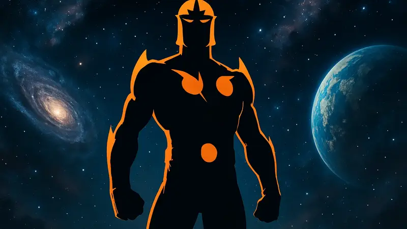 Концепт-арт персонажа Нова из вселенной Marvel на космическом фоне, символизирующий новую эру фильмов.