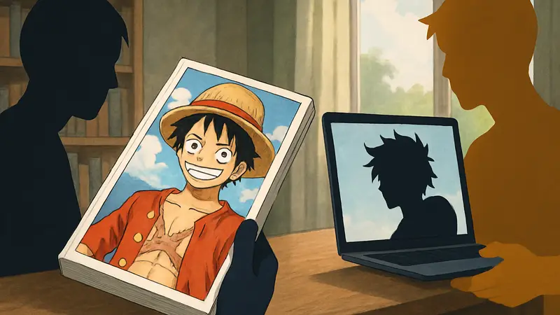 Манга One Piece с главным героем Луффи на обложке, сравнивающаяся с аниме-адаптацией.