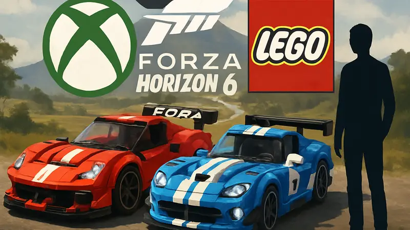 Наборы LEGO Ferrari 488 PISTA и Dodge Viper GTS-R по мотивам Forza Horizon 6, рядом с логотипами Xbox и LEGO