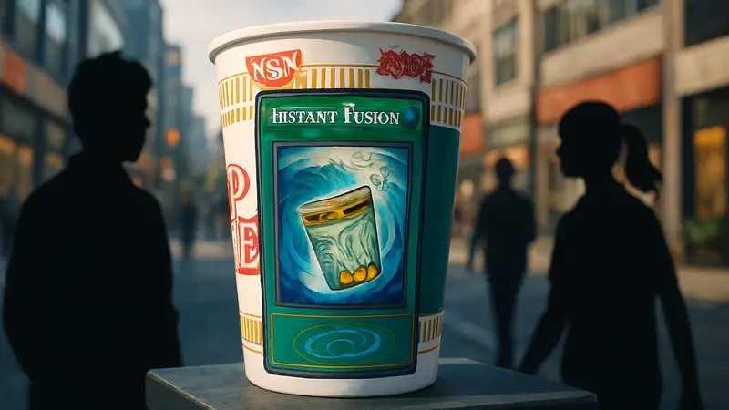 Упаковка Nissin Cup Noodle с изображением дизайна карты Yu-Gi-Oh 'Instant Fusion' и логотипами брендов.