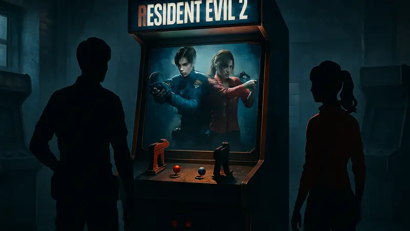 Игровой автомат с логотипом Resident Evil 2 и изображением главных героев, аркадный ремейк.