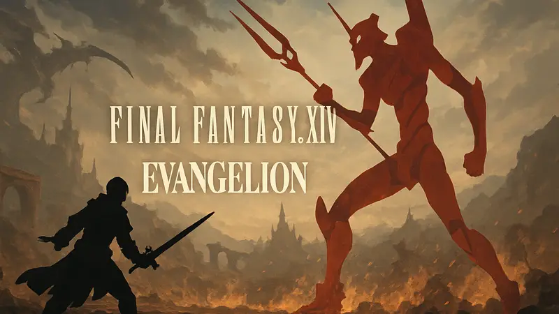 Логотип Final Fantasy XIV и Evangelion на фоне сражения