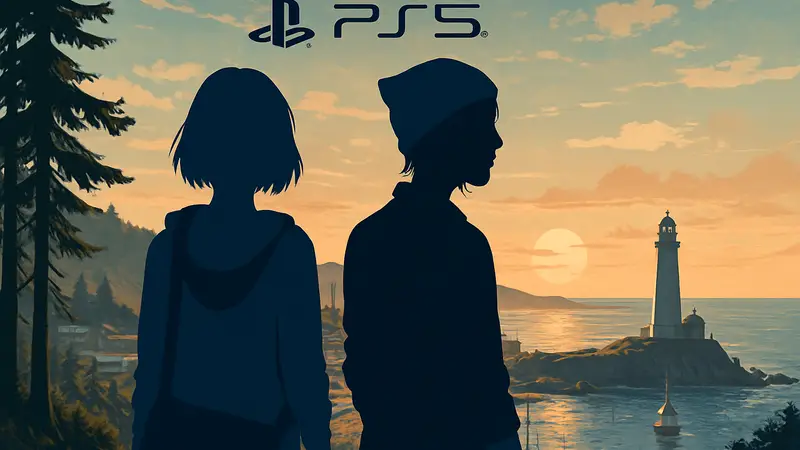 Героини Макс и Хлоя из игры Life Is Strange Reunion на фоне Аркадия Бэй, обложка PS5.