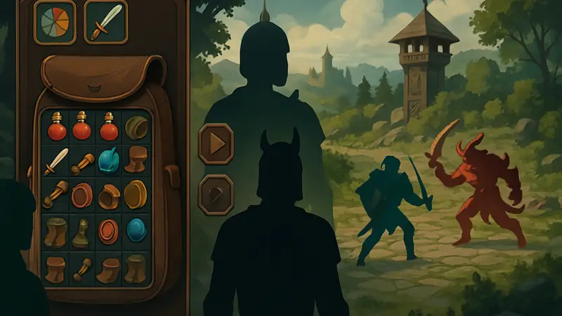 Игровой скриншот Faction Packed: интерфейс создания рюкзака, фэнтези-персонажи и элементы стратегии.