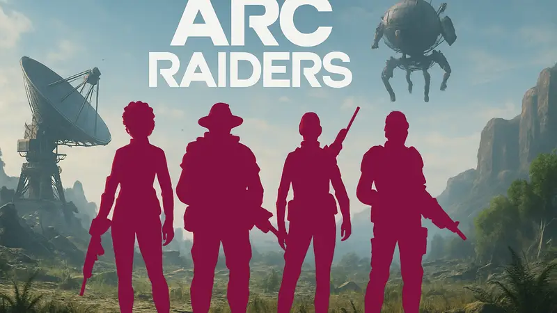 Игровые персонажи Arc Raiders на фоне научно-фантастического пейзажа и логотип игры.