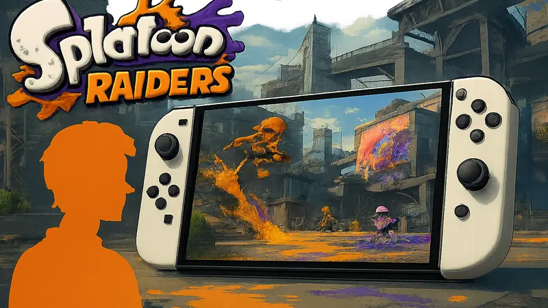 Логотип Splatoon Raiders и консоль Nintendo Switch 2 на фоне скриншота игры.