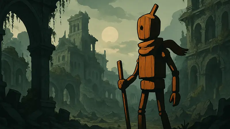 Игровой арт метроидвании City of None с деревянным персонажем